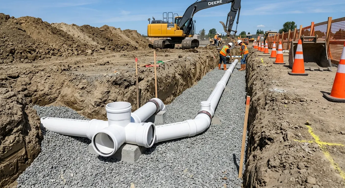 New PVC sewer pipe installation in open trench for Commercial Drain Cleaning in Lake Alfred