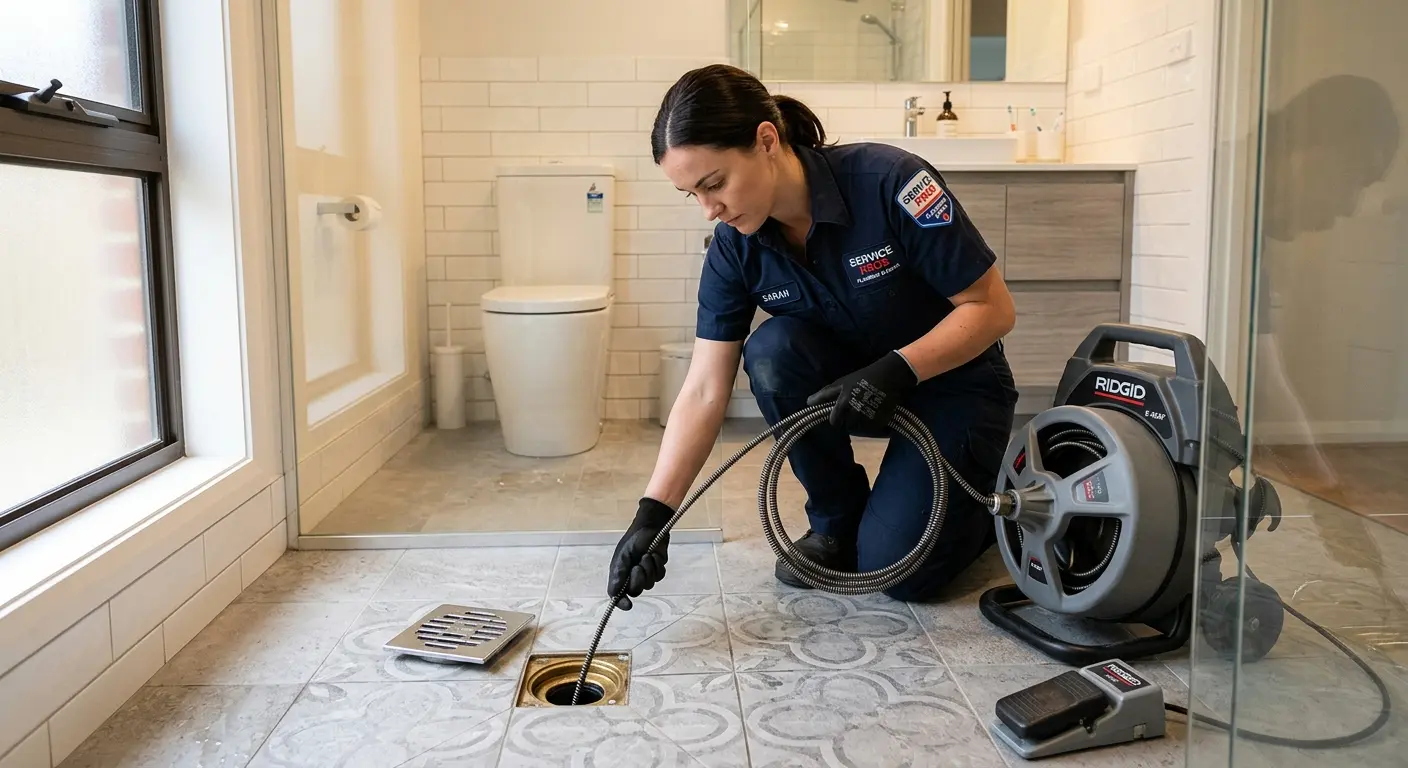 Technician clearing a bathroom floor drain for Sewer Line Replacement in Lake Alfred